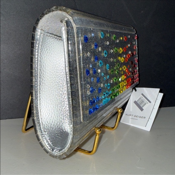 Kurt Geiger Glittering Silver Clutch with Rainbow Gemstones - Picture 5 of 6